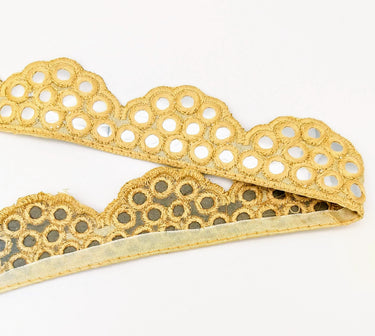 Beige Mirror Trim, Kutch Embroidered Navratri Garba Dress Trim Bridal Lace, Indian Sari Border 40 mm Wide Trim Per Yard
